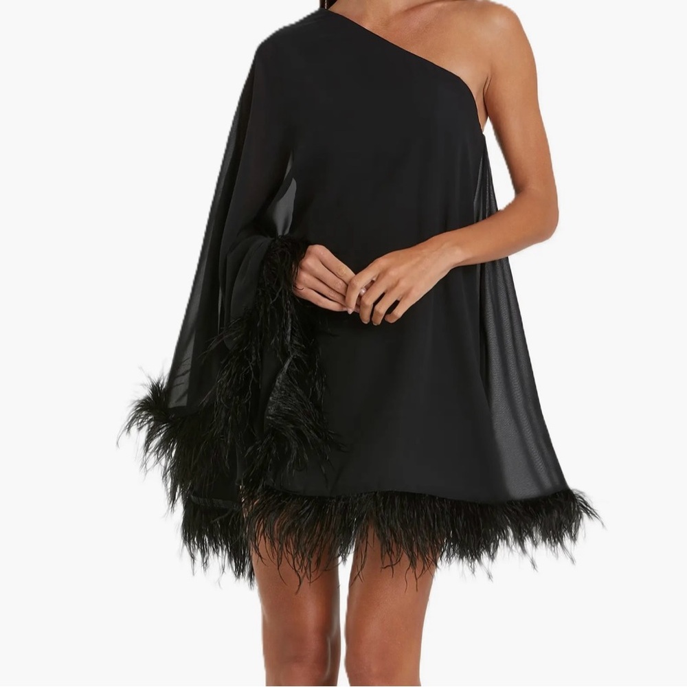 One Shoulder Trapeze Dress with Feather Trim Mac Duggal